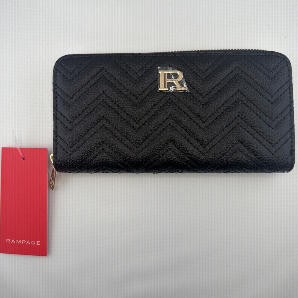 Rampage Black Chevron Quilted Zip Around Wallet Gold Logo Fits Phone NWT